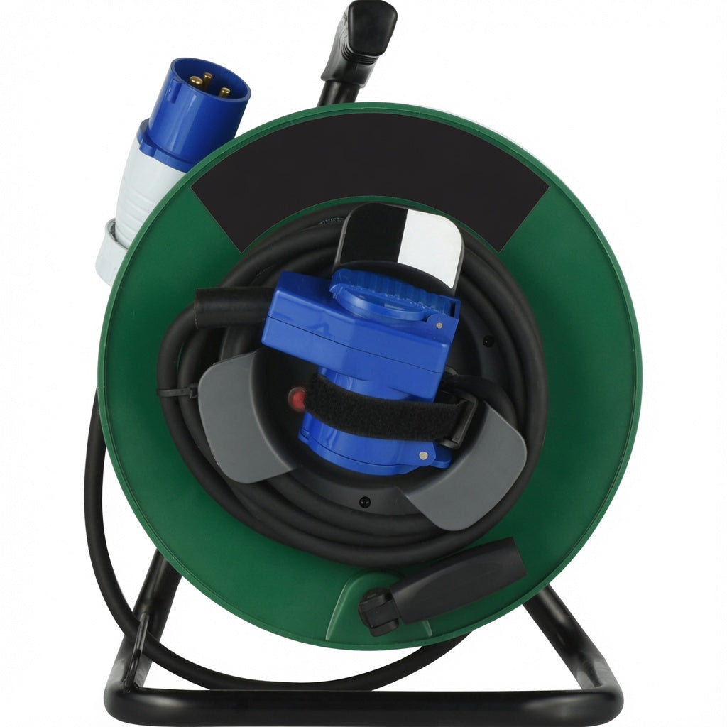 Enrouleur de Câble 25m Caoutchouc H07RN-F 3G1,5mm² – Prise CEE 16A + Schuko – IP44 – Pour Camping-Car, Caravane, Bateau