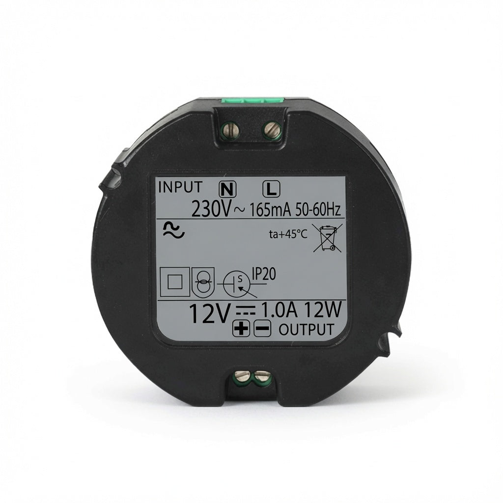 Transformateur d'Alimentation Encastrable 12V DC 1A - Régulateur de Tension Intégré - Compatible Serrures, Interphones, Motorisation de Portails et Domotique - 230V AC 50/60 Hz