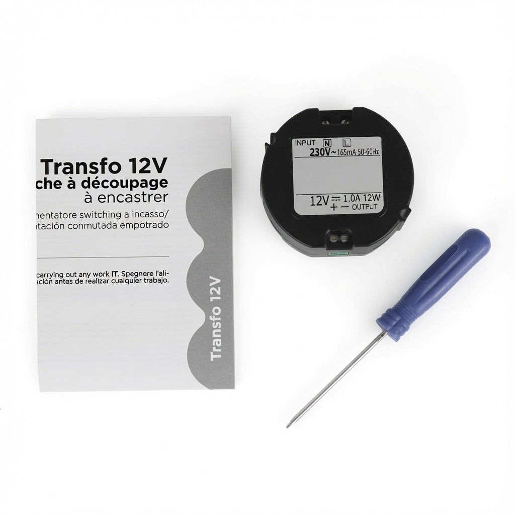 Transformateur d'Alimentation Encastrable 12V DC 1A - Régulateur de Tension Intégré - Compatible Serrures, Interphones, Motorisation de Portails et Domotique - 230V AC 50/60 Hz