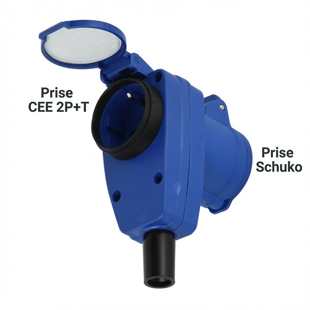 Prise Industrielle Angulaire Double IP44 – CEE 2P+T + Schuko – Pour Camping-Car, Caravane, Bateau, Chantier