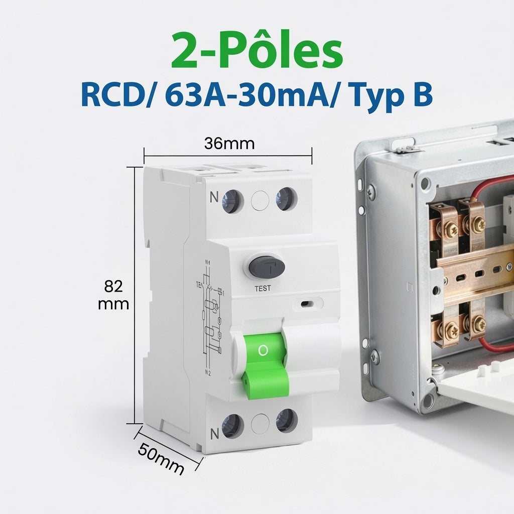 Disjoncteur Différentiel 30mA 63A Type B 230V 1P+N - Conçu pour les Bornes de Recharge de Véhicules Électriques et les Systèmes Photovoltaïques