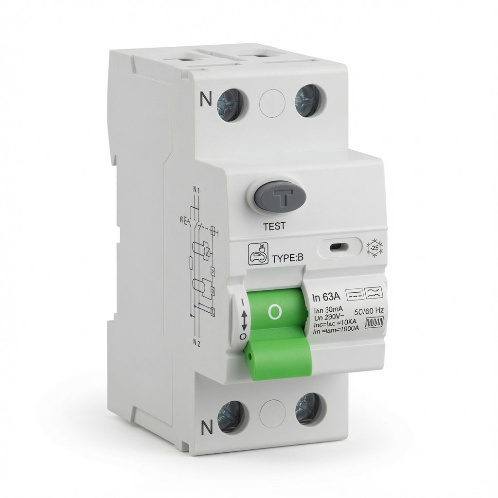 Disjoncteur Différentiel 30mA 63A Type B 230V 1P+N - Conçu pour les Bornes de Recharge de Véhicules Électriques et les Systèmes Photovoltaïques
