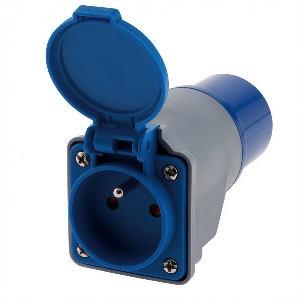 Adaptateur Compact sans Câble 16A Femelle 2P+T vers Mâle CEE17 pour Camping et Nautisme - Bleu