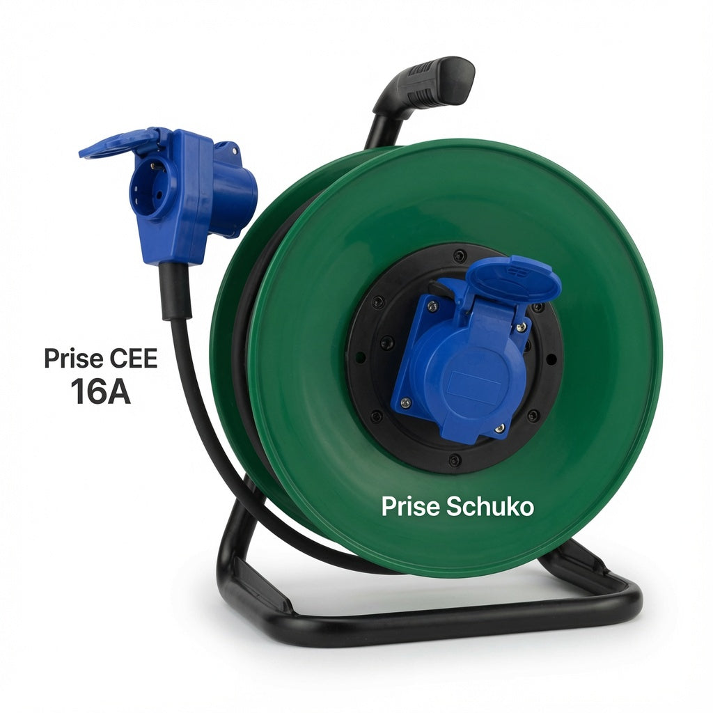 Enrouleur de Câble 25m Caoutchouc H07RN-F 3G1,5mm² – Prise CEE 16A + Schuko – IP44 – Pour Camping-Car, Caravane, Bateau