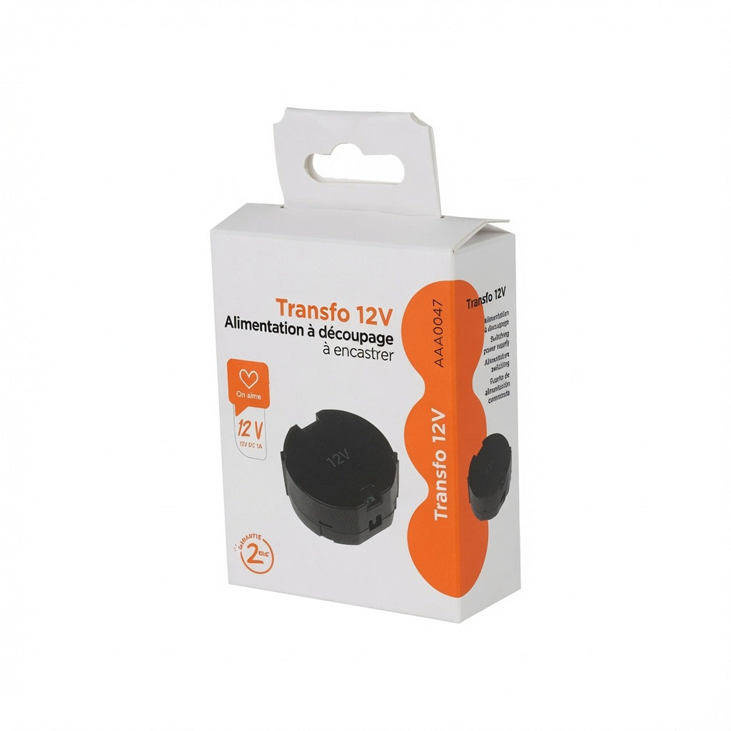 Transformateur d'Alimentation Encastrable 12V DC 1A - Régulateur de Tension Intégré - Compatible Serrures, Interphones, Motorisation de Portails et Domotique - 230V AC 50/60 Hz