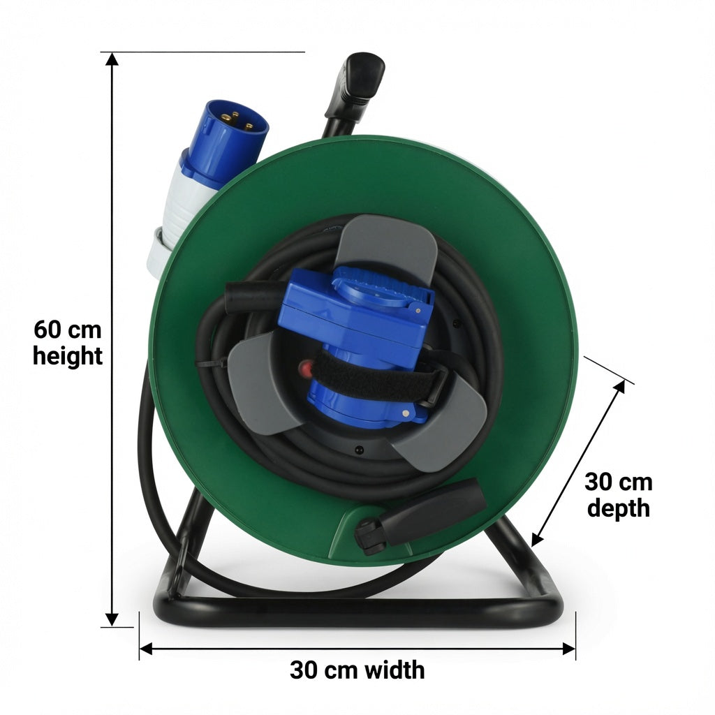 Enrouleur de Câble 25m Caoutchouc H07RN-F 3G1,5mm² – Prise CEE 16A + Schuko – IP44 – Pour Camping-Car, Caravane, Bateau